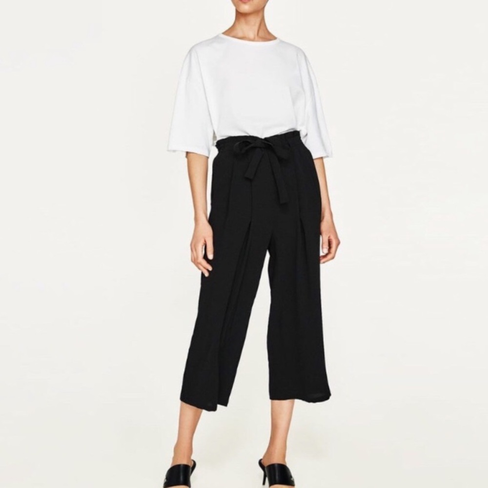 zara high waist tie wide leg pants black size s